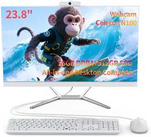 23.8" All in One Desktop Computer for Home Office,All in One Desktop PC,Celeron N100 Processor (Up to 3.40Ghz),4 Core,16GB RAM,512GB SSD,FHD IPS Display,WiFi 5 & BT 4.2,Keyboard & Mouse,Webcam,11 Home