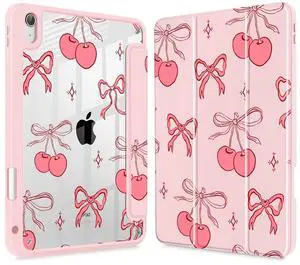 May Chen for iPad (A16) 11th Generation Case 11 Inch 2025, iPad 10th Gen Case 2022 10.9 inch, Built-in Pencil Holder with Shockproof Cover Clear Back Shell Auto Wake/Sleep, Girly Cherry & Bow