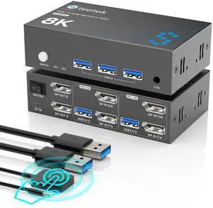 8K Displayport KVM Switch 2 Monitors 2 Computers, 8K@60Hz Dual KVM Switch for 2 Computers Sharing 2 Monitors, Keyboard, Mouse, Hard Drives, Printer, with EDID Adaptive, 2*USB Cables, and Controller.