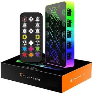 TUMMASTER ARGB Fan HUB, 9/10 Port 4 Pin PC Fan Controller, 5V-3Pin LED Hub, Magnetic Suction, SATA Power Input,RF Remote & Chassis Key Control,Controller Support ARGB PWM Fans Splitter (J-10 Pro)