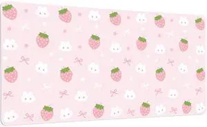 Idocolors Pink Strawberry Desk Mat, Cute Extended Gaming Keyboard Mouse Pad, Large Office Desk Cover Mat Pad Deskmat, Non-Slip Leather Home Office Desk Mat Protector 31.5"×15.7"