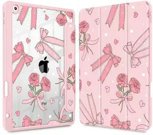 Tuiklol for iPad 10.2 case 2021 Gen 9th Release Built in Pencil Holder - Trifold Stand-Auto Wake/Sleep TPU Protection Stand Clear Back Cover for 2020 2019 [8th/7th] iPad 10.2 Case, Bow & Rose