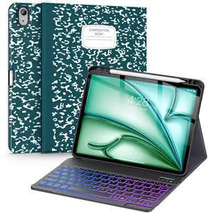 Supveco Keyboard Case for iPad Air 11 Inch (M3 2025,M2 2024),iPad Air 5th/4th Generation with Pencil Holder-7 Colors Backlit Wireless Detachable Folio Keyboard Cover with Soft TPU Back-Book Teal