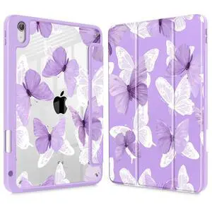 May Chen for iPad (A16) 11th Generation Case 11 Inch 2025, iPad 10th Gen Case 2022 10.9 inch, Built-in Pencil Holder with Shockproof Cover Clear Transparent Back Shell Auto Wake/Sleep, Butterfly