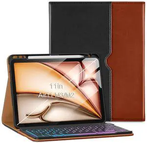 VIKESI Keyboard Case for iPad Air 11-inch M3/M2 (2025/2024 Released) & iPad Air 5th/ 4th Generation 10.9-Inch,Leather Cover, Built-in Breathing Light,Function Row,Pencil Holder,Card Slots -Black Brown