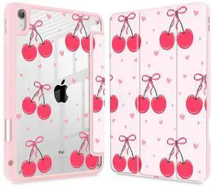 May Chen for iPad (A16) 11th Generation Case 11 Inch 2025, iPad 10th Gen Case 2022 10.9 inch, Built-in Pencil Holder with Shockproof Cover Clear Back Shell Auto Wake/Sleep, Pink Cherries and Bows
