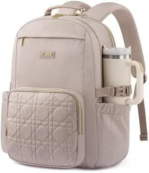 LOVEVOOK Laptop Backpack for Women with Pouch Pocket for Large Capacity Cup,18 Inch Teacher Nurse College Work Backpack Purse,Waterproof Laptop Bag Computer Back Pack for Travel, Nude+Wicker pattern