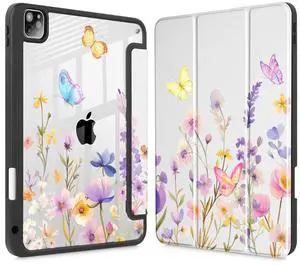 Tuiklol Case for iPad Pro 12.9 Inch M2 Case 2022 2021 2020 2018 Generation 6th/5th/4th/3rd,Built-in Pencil 2nd Holder Clear Transparent Protective Back Shell Cover,Purple Flower