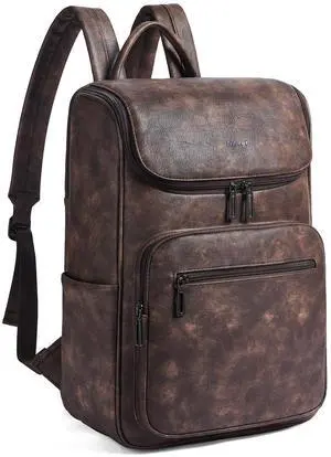tiamyi Computer Leather Backpack for Women Travel Back pack with 15.6 inch Laptop Compartment, Vintage Ladies Backpack, Coffee