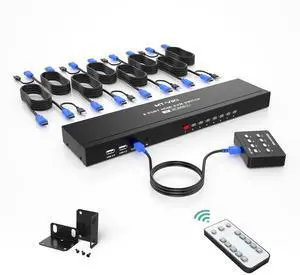MT-VIKI 8 Port KVM Switch HDMI, 4K@30Hz 1U Rack Mount KVM Switch w/IR Remote & Wire-Desktop Controller & 8 HDMI KVM Cables & Rack Ears & Power Adapter