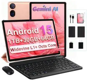 DMOAO Tablet, 2025 Android 15 Tablet with Gemini AI, 10.1 Inch FHD Display, 30GB RAM 64GB ROM /1TB TF, 6000mAh Battery, Octa-Core 2.0GHz, Widevine L1, 2 in 1 Tablets with Keyboard Mouse(Gold)