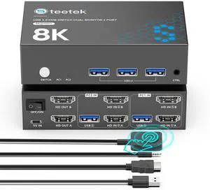 USB 3.0 HDMI KVM Switch 2 Monitor 2 Computers, 8K@60Hz KVM Switches for 2 Computers Sharing Monitor Keyboard Mouse Hard Drives Printer,with EDID Adaptive,2*USB Cable and Controller.