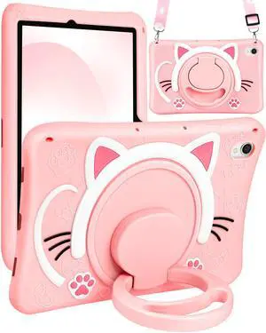 Wazzasoft for Samsung Galaxy Tab S9 Case 11 Inch - Cute Cartoon Kawaii Cat Kitten Girls Girly 3D Soft Silicone Tablet Cover with Rotating Stand & Strap Funda for Galaxy Tab S9 Case