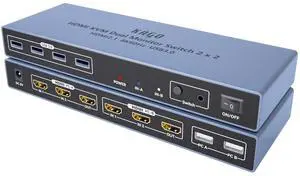 KAGO 8K HDMI KVM Switch 2 Monitors 2 Computers,4 USB 3.0 Selecter Share Keyboard Mouse Printer,Support Ultra HD (7680 * 4320)@60Hz,4K@120Hz/144Hz