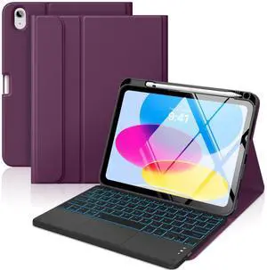 MoKo Touch Keyboard Case for iPad (A16) 11th Generation 11 inch 2025, iPad 10th Generation 10.9 inch Case with Pencil Holder, 7 Colors Backlit Multi-TrackPad Detachable Bluetooth Keyboard, Dark Purple