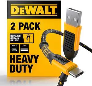 DEWALT Heavy Duty 2-Pack USB to USB C Cable 6ft, Heavy-Duty Fast TypeC Charger Cord, Jobsite Type C Cable, Durable Braided TypeC to USBA Fast Charging for iPhone 16 15 Pro Max Plus, Samsung Galaxy S24
