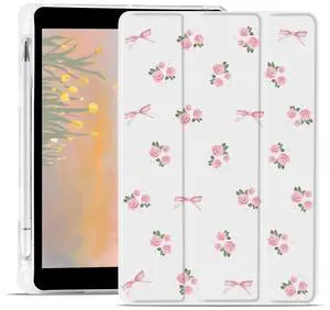 JOYLAND Cute Flower Bowknot Case for iPad 5th/6th Generation (2017/2018) 9.7 Inch with Pencil Holder Aesthetic Floral White Girly Cover Auto Wake/Sleep Foldable Shockproof Case