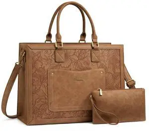 LOVEVOOK Laptop Tote Bag for Women, 15.6 Inch Work Bags, Vintage Leather Tote Bag, Waterproof Computer Bags with Clutch Purse, Large Capacity Messenger Bag for Teacher College Business Office