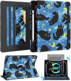 Kidcube for iPad Pro 13 Inch Case M4 2024 - Women Girls Cute Rotating Stand Folio Cover with Pencil Holder & Card Slot Girly Cat Stars Blue Design for iPad Pro 13 Inch Case 2024 (A2925 A2926 A3007)