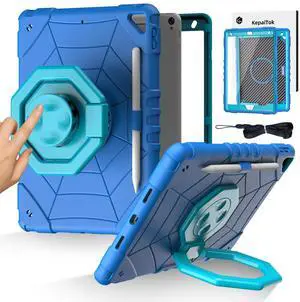 KepaiTok Case for iPad 9th/8th/7th Generation 10.2",360°Rotate Stand Cover with Screen Protector Pencil Holder, Kids Shockproof Case with Shoulder Strap for iPad 10.2 inch 2021/2020/2019 (Blue)