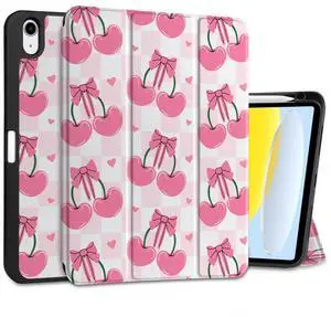MEEgoodo Case for iPad A16 11th Generation 11 inch 2025/iPad 10th Generation 10.9 inch 2022, Tablet Cover with Trifold Stand + Pencil Holder + Auto Wake/Sleep + TPU Back Cover, Pink Cherries & Bows