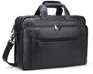 Masa Kawa Black Leather Briefcase for Men, Waterproof 16 Inch Laptop Computer Case, Crossbody Shoulder Messenger Bag for Business Travel, Office Work