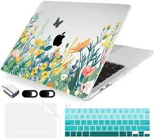 MecBevia Compatible with MacBook Pro 13 inch Case 2022 2021 2020 Release M2 M1 A2338 A2251 A2289, Plastic Hard Shell&Keyboard Cover&Screen Protector&Webcam Cover&Type-C Adapter, Butterfly Flowers