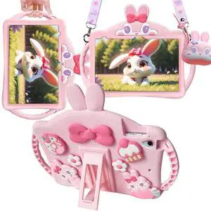 Paorixln for Samsung Galaxy Tab A9 Plus Case for Kids Girls with Adjustable Shoulder Straps Handle Rabbit Soft Silicone Tablet Cover for Galaxy Tab A9+ 11'' 2023(Pink)