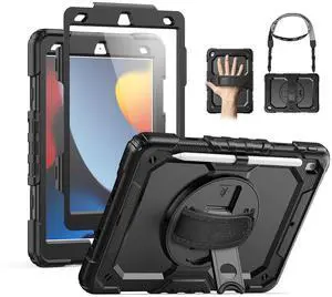 SEYMAC for iPad 9th/8th/7th Generation Case 10.2" 2021-2019, Full-Body Shockproof Heavy Duty Protective Case with Screen Protector, 360° Rotating Stand/Handle/Shoulder Strap for iPad 10.2, Black