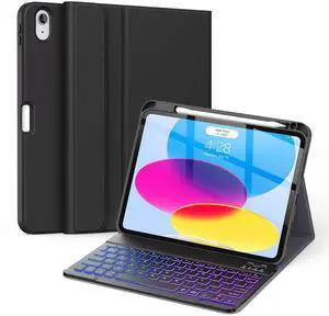 Supveco Keyboard Case for iPad (A16) 11th/10th Generation 11&10.9 Inch with Pencil Holder,7 Colors Backlit Wireless Detachable Folio Keyboard Cover for iPad 11th/10th Gen 2025/2022-Pure Black