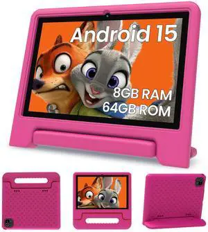 ApoloSignage 2025 Android 15 Kids Tablet, 10 Inch HD Display, Octa-Core Processor, 8GB RAM, 64GB ROM (Expandable to 1TB), with Kids Space, Parental Controls, Long-Lasting Battery (Pink)