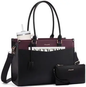 LOVEVOOK 17.3 inch Laptop Bag for Women, 2-in-1 Multi-Pocket Leather Tote Purse with Elegant Clutch & Cup Holder, Waterproof Structured Large Capacity Work Briefcase for Office Travel, Wine Red-Black