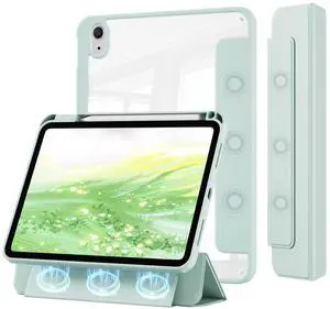 KVTVOU Clear Case for iPad (A16) 11th/10th Generation (2025/2022, 11/10.9 Inch) with Pencil Holder, Detachable Magnetic Transparent Hard PC Back, Soft Shockproof Frame & Auto Wake/Sleep, Light Green