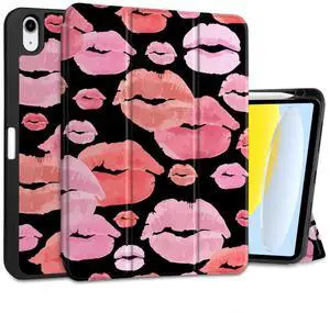 MEEgoodo Case for iPad A16 11th Generation 11 inch 2025/iPad 10th Generation 10.9 inch 2022, Tablet Cover with Trifold Stand + Pencil Holder + Auto Wake/Sleep + Soft TPU Back Cover, Red & Pink Lips