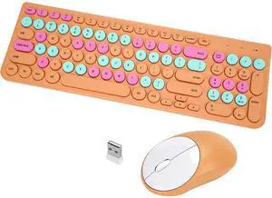 Wireless Keyboard and Mouse Combo, Retro Typewriter Keyboard with Round Keycaps, 2.4GHz USB Cute Wireless Keyboard Mouse for Computer, Desktop, Laptop and Computer (Orange Colorful)