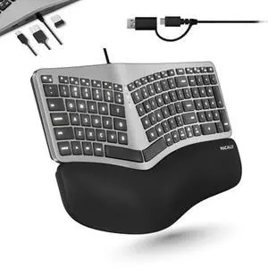 Macally Wired Ergonomic Keyboard for Mac - USB Hub, Backlit Keys, Dual USB C + A Plug, Split Design, Padded Wrist Cushion - Compatible Apple Keyboard for MacBook Pro/Air, iMac, iPad - Space Gray