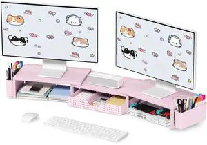 OPNICE Pink Desk Organizers and Accessories for Women, Dual Computer Monitor Stand Riser with Drawer and 2 Pen Holders, Office Desk Accessories, Workspace Desktop Organization for Office Supplies