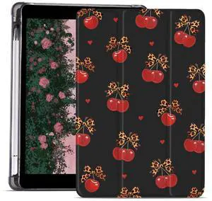 AdorableWhimsy Leopard Print Cherry Case for iPad 9th/7th/8th Generation(2021/2020/2019 10.2 Inch) Aesthetic Design Leather Protective Case Foldable Soft Back Cover with Pencil Holder