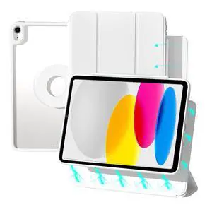 ZENLU iPad 10th Generation Magnetic Case with Removable Folio Cover, Premium Semi-Silicone Leather, Vertical Stand, Clear Back, Smart Sleep/Wake, Full Protective Case for iPad 10 Gen (White)