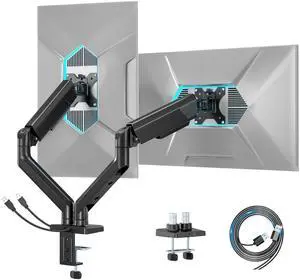 ARES WING Dual Monitor Mount, Heavy Duty Monitor Arms for 2 Monitors for 17-35 inch, Fully Adjustable Monitor Desk Stand with USB A/C for Ultrawide Screen, VESA 75x75 or 100x100mm, Black