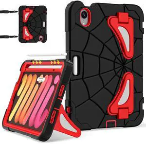 Nitupai Case for iPad mini 7 (A17 Pro) 2024, iPad mini 6 2021, 8.3-Inch Kids Friendly Shockproof Cover with Kickstand Shoulder Strap Pen Holder Support Pencil Pro & Pencil USB-C, Black Red