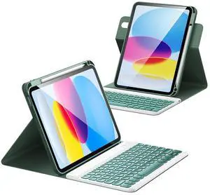 for iPad 11th 10th Generation Case with Keyboard, Magnetic 720° Rotatable Cover Wireless Detachable 7 Colors Backlit Keyboard with Pencil Holder for iPad 11 inch A16 2025 & 10.9 inch 2022 -Dark Green