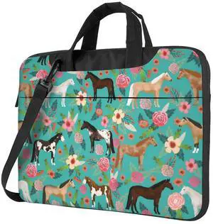 Soft 15.6 Inch Horses Floral Horse Breeds Farm Animal Pets Flowers Laptop Bag Waterproof Laptop Shoulder Messenger Bag Briefcase Bag Case Sleeve Carrying Case For Macbook Women With Adjustable Strap