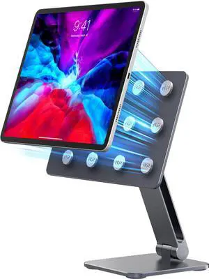YICOSUN Magnetic iPad Stand for Desk, 360° Adjustable Aluminum Holder, Portable Folding for Office, Kitchen, Drawing, Gaming, Compatible with iPad Pro 11" 4th/3rd/2nd Gen, Air 11/10.9" M3/M2/M1 - Gray