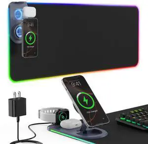 15W Wireless Charging Mouse Pad with Phone Holder&20W Power Adapter, RGB Gaming Mouse Pad, 15 Lights Mode 31.5"x15.75" XXL Large Desk Pad,Ultra-Smooth Surface,Non-Slip Rubber Base