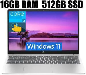 HP 15 Business Laptop, 15.6" HD (1366 x 768) Touchscreen, Intel Core i3-1215U 6 Cores Processor, Intel UHD Graphics, 16GB DDR4  512GB PCIe SSD, Bluetooth, Wi-Fi, Long Battery Life, Windows 11