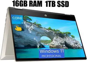 HP Pavilion X360 2-in-1 14 Laptop, 14" FHD (1920 x 1080) Touchscreen, Intel Core i5-1135G7 4 cores Processor, Intel Iris Xe graphics, 16GB DDR4  1TB PCIe SSD, Fingerprint reader, Windows 11 Pro