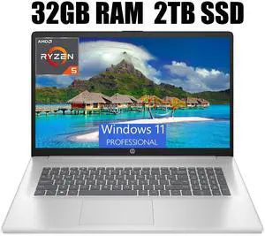 HP 17 Laptop, 17.3" FHD (1920 x 1080) Display, AMD Ryzen 5 7430U 6 cores Processor, AMD Radeon Graphics, 32GB DDR4  2TB PCIe SSD, HDMI, Wi-Fi 6, Bluetooth, Windows 11 Pro