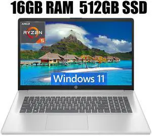 HP 17 Laptop, 17.3" FHD (1920 x 1080) Display, AMD Ryzen 5 7430U 6 cores Processor, AMD Radeon Graphics, 16GB DDR4  512GB PCIe SSD, HDMI, Wi-Fi 6, Bluetooth, Windows 11