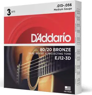 D'Addario EJ12-3D 80/20 Bronze Medium Acoustic Guitar Strings 3-Pack